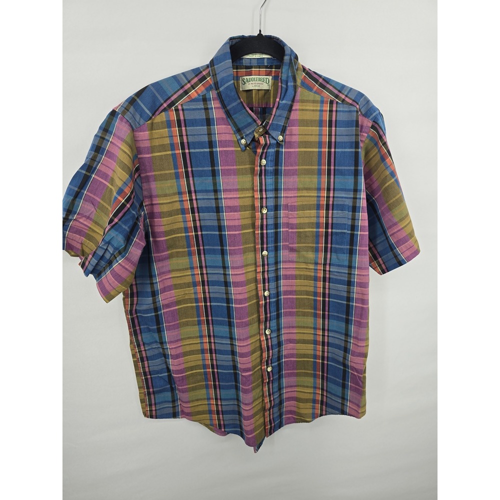 Saddlebred Mens Large Plaid Button Down Shirt Short Sleeve Multi Color Cotton Bl